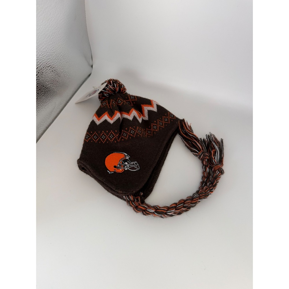 NFL Cleveland Browns Knit Trapper Hat Beanie Pom Braided Tassels NWT - Picture 4 of 4